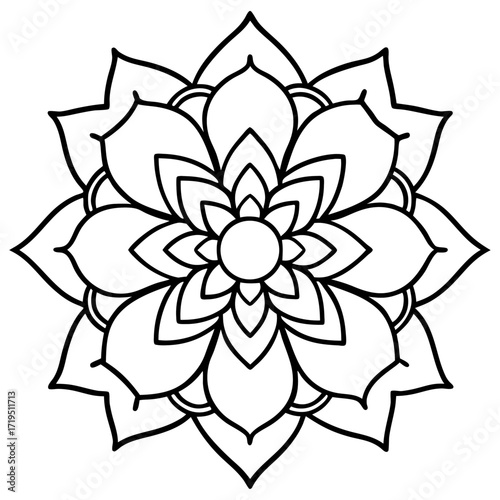 A detailed line art coloring page for adults, featuring an abstract wild floral pattern in the style of a Mandela design