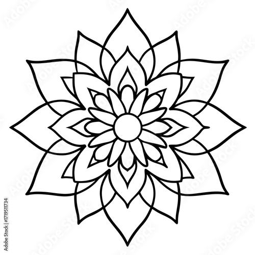 A detailed line art coloring page for adults, featuring an abstract wild floral pattern in the style of a Mandela design