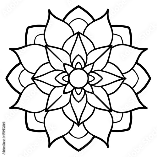 A detailed line art coloring page for adults, featuring an abstract wild floral pattern in the style of a Mandela design