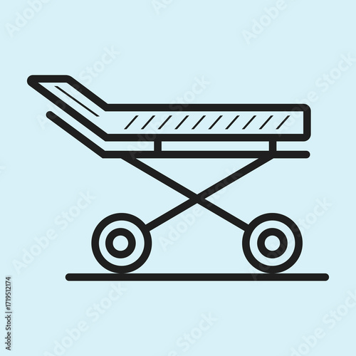 Healthcare single icons, stretcher, essential medical tools, and equipment in a linear style