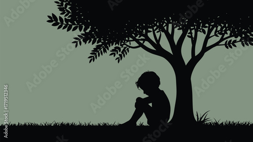 Silhouette of a lonely child sitting under a tree, representing sadness, mental health, and childhood solitude in a minimalist style