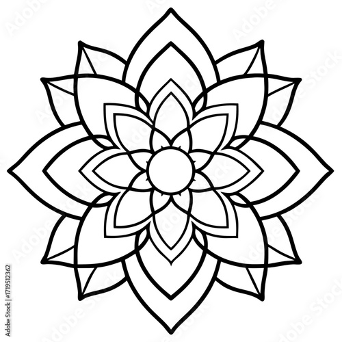 A detailed line art coloring page for adults, featuring an abstract wild floral pattern in the style of a Mandela design