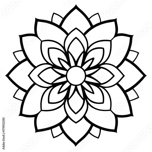 A detailed line art coloring page for adults, featuring an abstract wild floral pattern in the style of a Mandela design