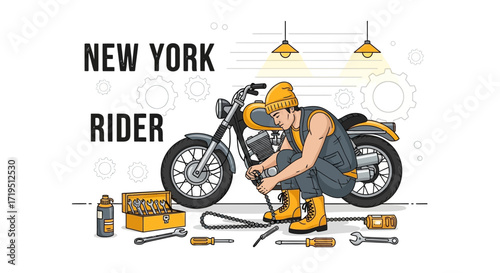 Sketched motorcycle mechanic working on a bike with tools and new york text design