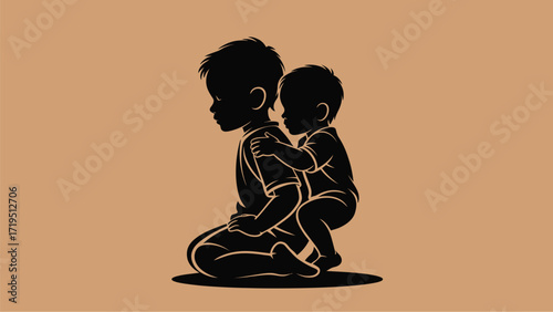 Touching silhouette of big brother lovingly holding little brother in a tender embrace, conveying warmth and family bond, ideal for family projects