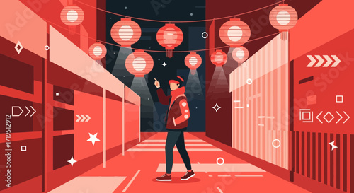 Stylish man strolling in city street decorated with lanterns during festive season