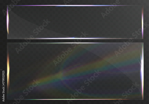 Transparent glossy glass frame with rainbow light reflection isolated on background.
