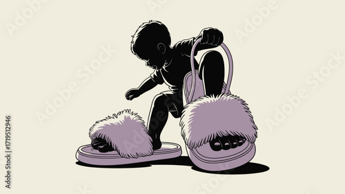 Adorable toddler playfully exploring oversized fluffy slippers, a charming moment of childhood wonder and innocent curiosity in monochrome palette