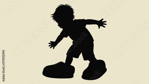 Playful silhouette of a child wearing oversized shoes, embodying innocence and fun in a whimsical way, ideal for children's designs
