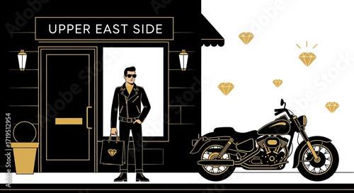 Stylish man with motorcycle, urban scene and luxury shopping on the Upper East Side