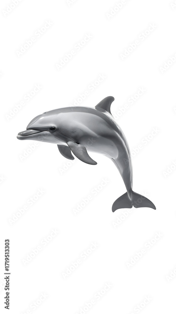 Fototapeta premium Sleek, grey dolphin leaping gracefully through dark waters, showcasing its streamlined body and powerful fluke