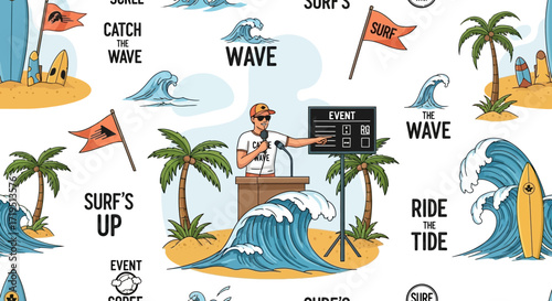 Surf themed seamless pattern with beach scenes, waves, surfing events and palm trees in cartoon
