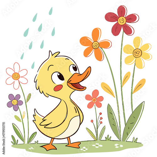 Adorable cartoon duckling enjoying a gentle spring rain shower amidst colorful blooming flowers