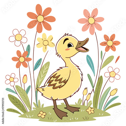 Adorable yellow duckling standing in a field of colorful flowers and green grass on a sunny day