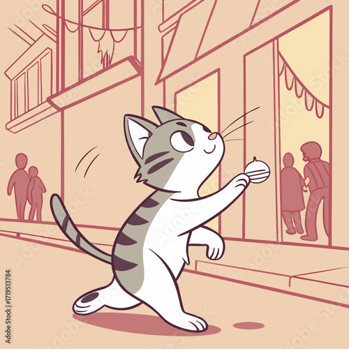 Curious cartoon cat with a toy mouse playfully explores a quaint street with people watching