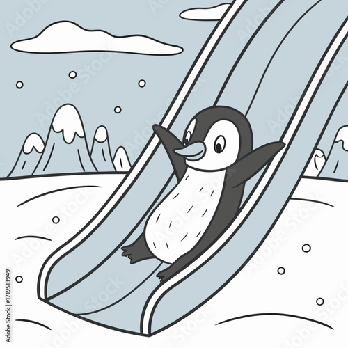 Cute cartoon penguin joyfully sliding down an icy slope in a winter wonderland with snow and mountains