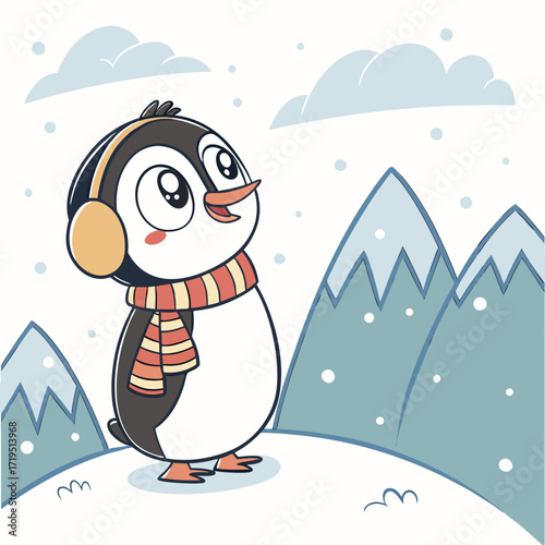 Cute cartoon penguin wearing earmuffs and a scarf standing in a snowy winter landscape with mountains