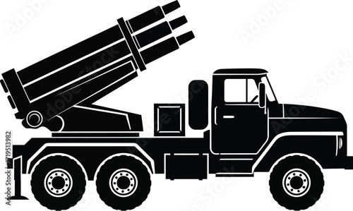 Silhouette of a multiple rocket launcher on a truck isolated on white background, ready to fire a barrage of rockets in a military operation