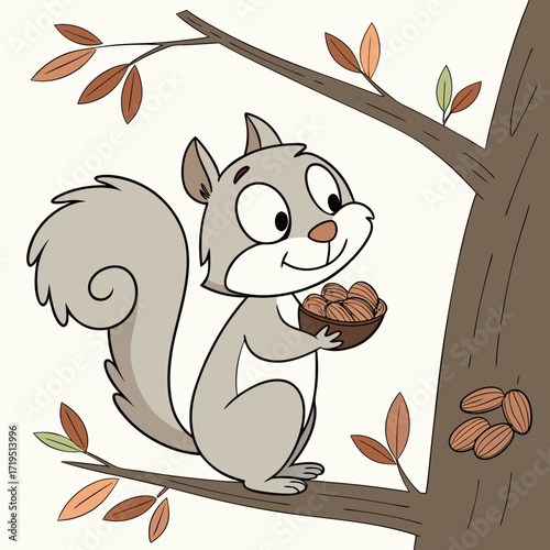 Cute cartoon squirrel sitting on a tree branch holding a bowl full of nuts and surrounded by autumn leaves