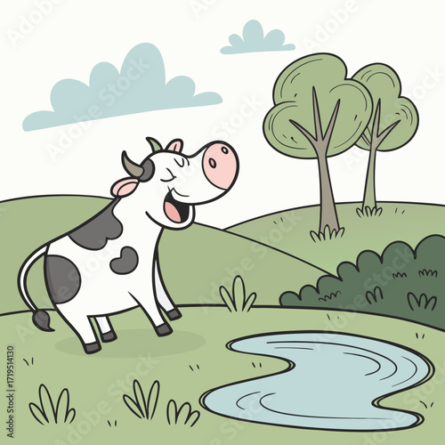 Happy cartoon cow with eyes closed and mouth open singing joyfully in a green meadow with trees and clouds