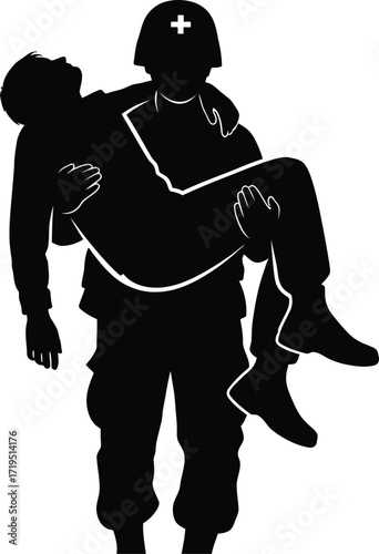 Silhouette of a medic carrying a wounded soldier, isolated on white background the image represents bravery, sacrifice, and humanitarian aid
