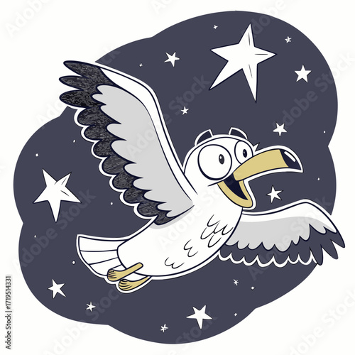 Whimsical cartoon seagull with wide eyes and an open beak flying joyfully among stars at night