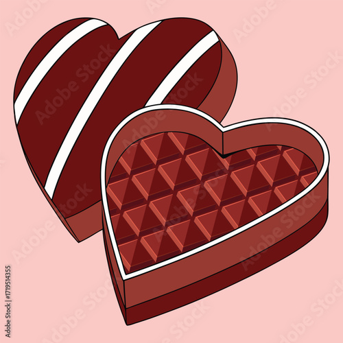 Two heart shaped chocolate boxes one open with compartments and one closed with stripes on a pink background
