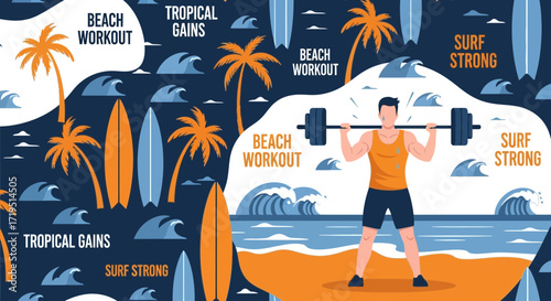 Tropical beach workout motivation with palm trees waves and a weightlifting man illustration