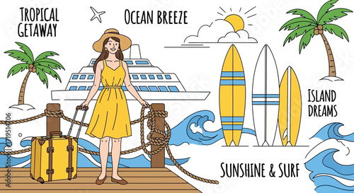 Tropical vacation getaway with cruise ship surfboards and sunshine illustration vector art