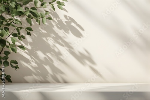 Elevated platform with gentle leaves casting soft shadows on a neutral backdrop, perfect for showcasing elegant products and creating a calming, natural mood