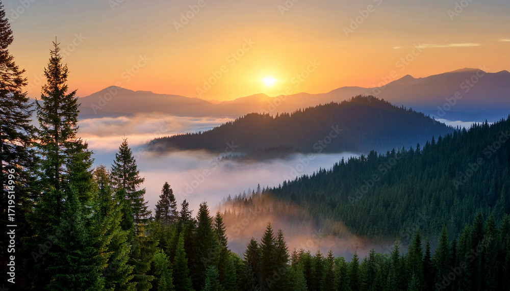 Obraz premium Serene Sunset Over Majestic Mountains Surrounded By Dense Pine Forests And Soft Mist In A Tranquil Landscape