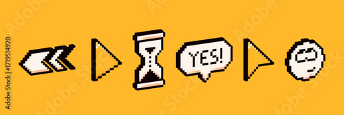 3D Y2K pixel art arrows, speech bubble, hourglass emoji.
