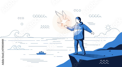 Vector illustration of a man standing on a cliff, admiring a seagull and ocean view