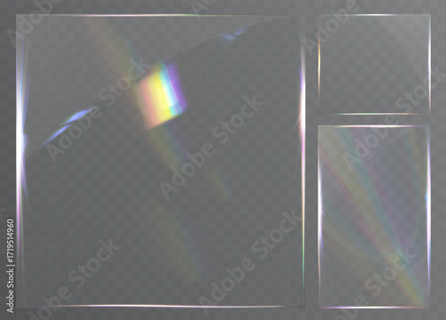 Transparent glossy glass frame with rainbow light reflection isolated on background.
