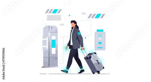 Vector illustration of a traveler walking through an airport with suitcase technology-enhanced