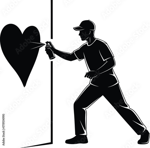 Silhouette of a man spraying a heart on a wall isolated on white background the man is expressing love through street art