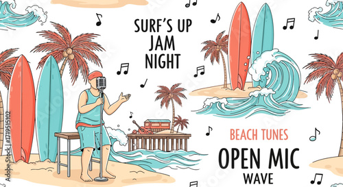 Vibrant beach scene featuring surfboards palm trees and a musician at open mic night capturing