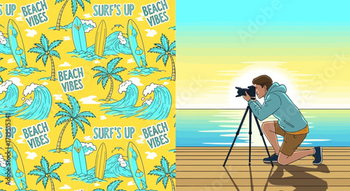 Vibrant beach vibes pattern meets serene photography scene in a colorful juxtaposition