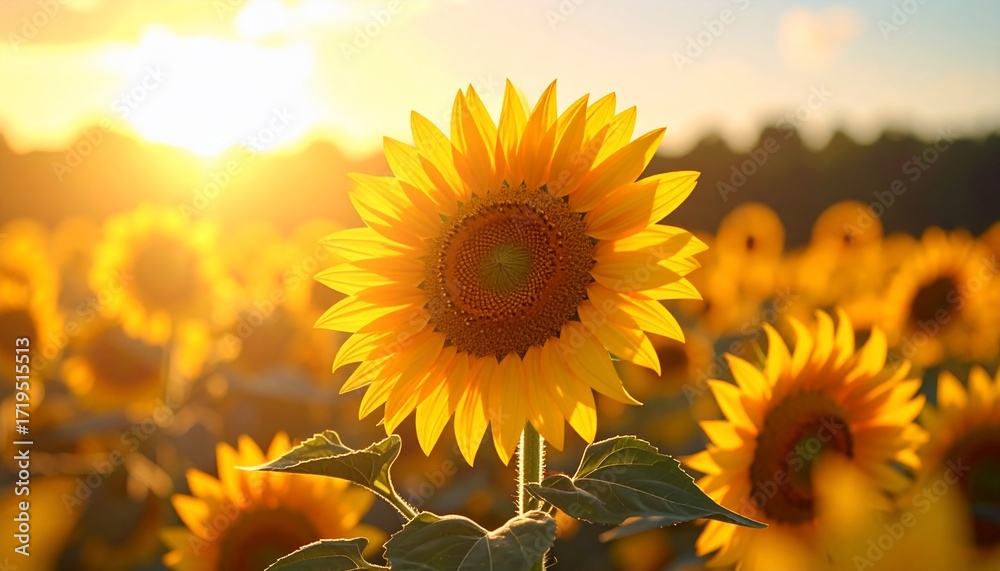Obraz premium Golden Hour Sunflowers: A Vibrant Sunset Field
