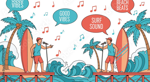 Vibrant summer beach party featuring musicians surfboards and tropical good vibes illustration