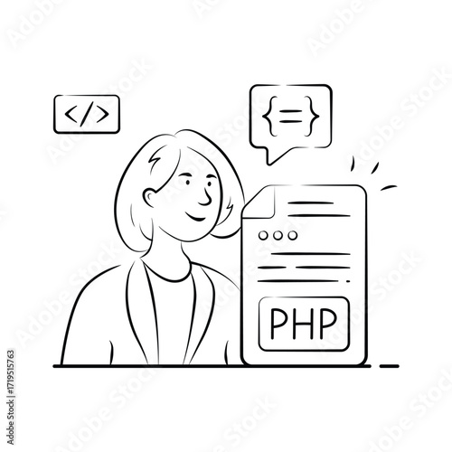 Hand drawn illustration of a coder developing PHP application with coding window and software tools.