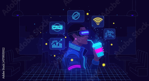 Virtual Reality Coffee Break: Neon Future Illustration with Wireless Connectivity and Data Analysis
