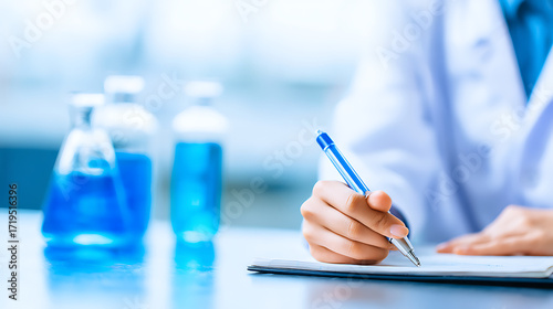 Scientist writing notes in laboratory with blue chemical solutions in background