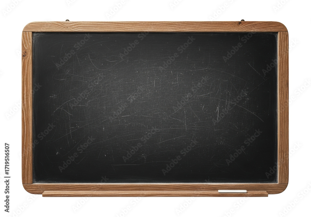 Fototapeta premium Vintage, empty blackboard, distressed dark surface, faint chalk, rustic wooden frame, isolated on transparent background, bright studio light. Concept of nostalgic learning