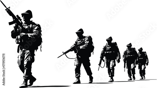 A group of soldiers walking in a line, carrying rifles, possibly on patrol or in combat, isolated on white background the scene is serious