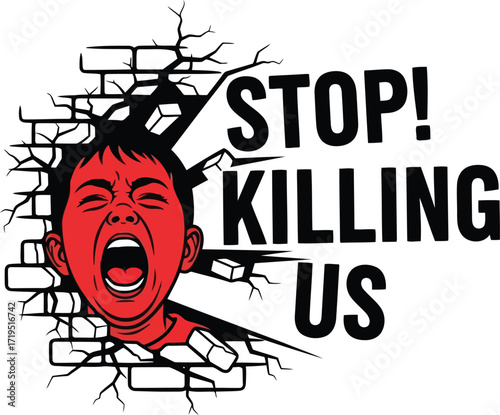 Stop killing us child outburst emerging from damaged wall expressing anger and distress vector