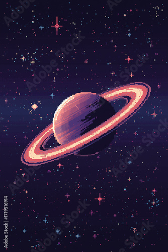 Pixel art scene of a giant alien planet with glowing rings orbiting in deep space, starry background filled with small pixel stars, limited retro palette of purples and blues, blocky
