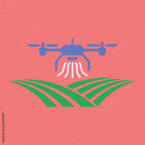 The image features a drone spraying a field, symbolizing precision agriculture and modern farming technology against a pink backdrop.