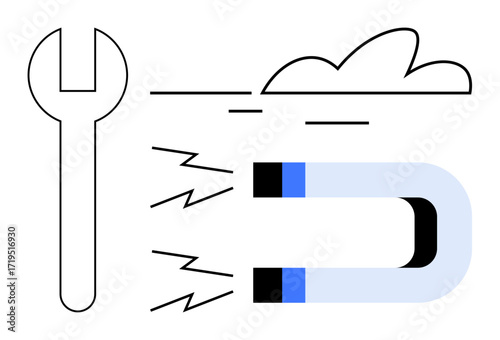 Wrench and magnet emit force lines surrounded by minimal cloud shape. Ideal for engineering, repair, attraction, connection, energy, science, mechanics. Simple flat metaphor