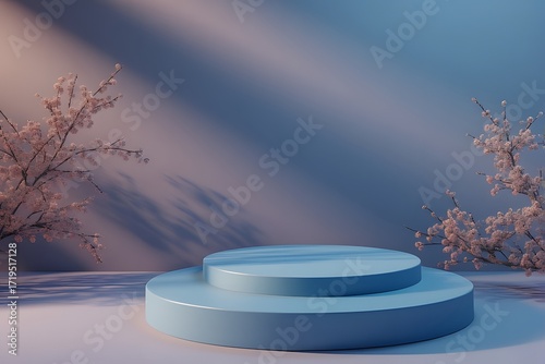 Elegant pastel blue display podium with cherry blossom branches perfect for showcasing beauty products and springtime promotions with modern minimalist style